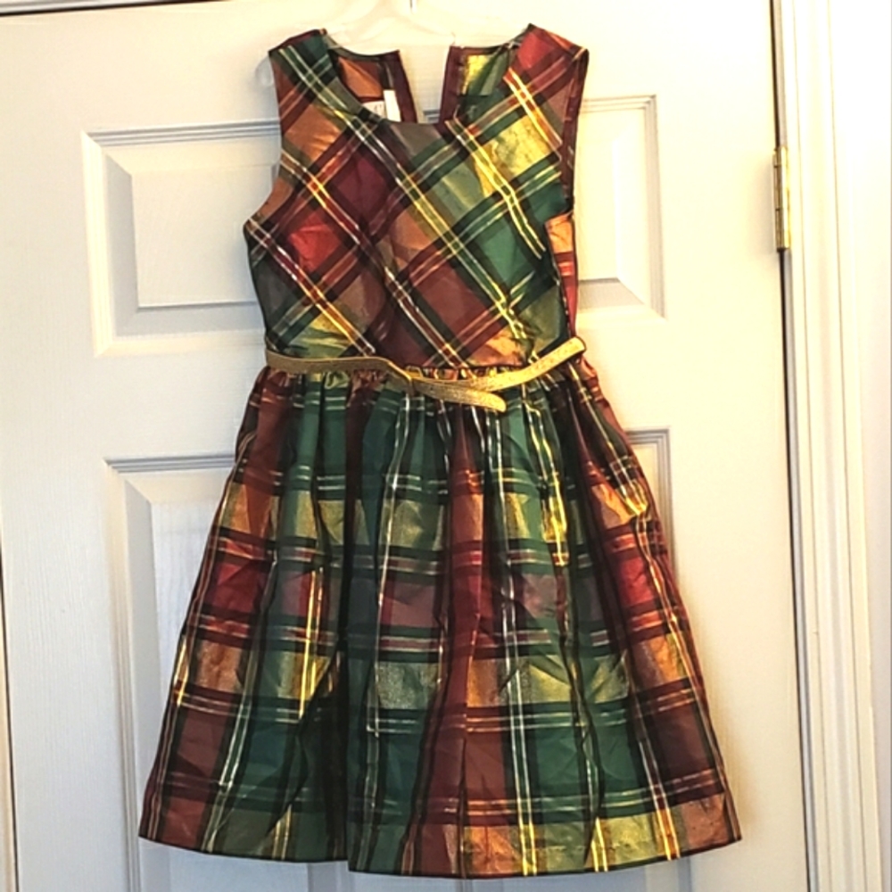 Bonnqie Jean Girls Plaid Dress BurgundyRed Green Gold Sz-12